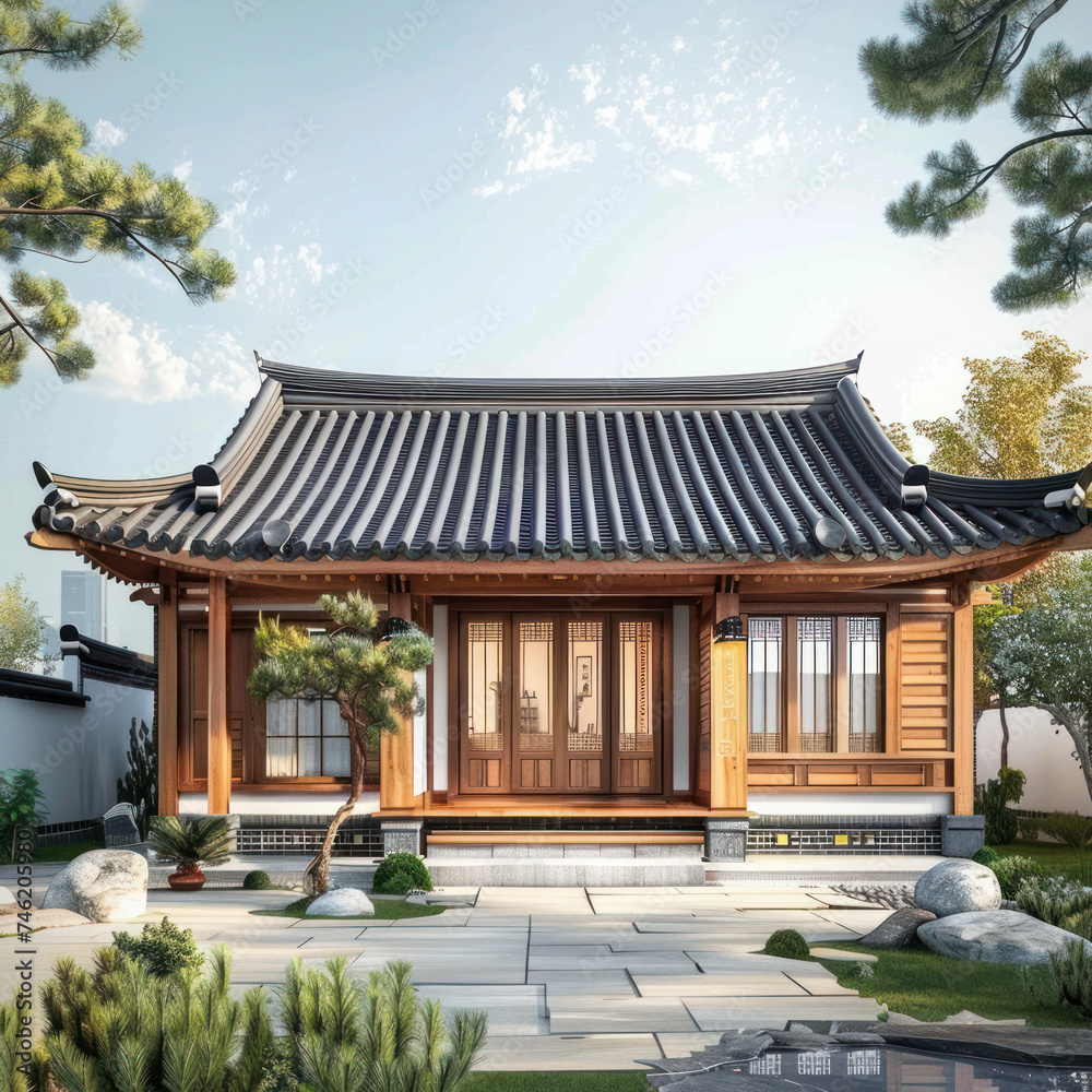 Tiny one floor timber frame house with single front doors and terrace with korean theme design