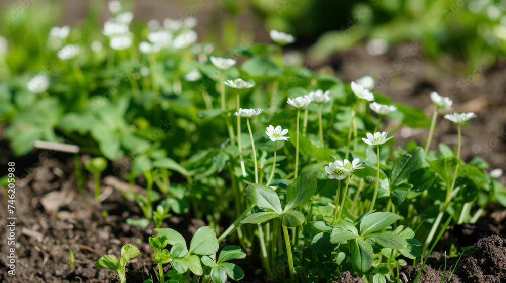 Crisp green tops with delicate white flowers stretch upwards from the soil signaling the presence of hearty underground treasures waiting to be harvested. Crisp green tops with delicate white flowers stretch upwards from the soil signaling the presence of hearty underground treasures waiting to be harvested.