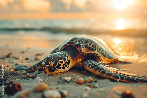 Eatherback sea turtle (Dermochelys coriacea) on a sandy beach on an island  laying her eggs. AI Generative © ImageFusion