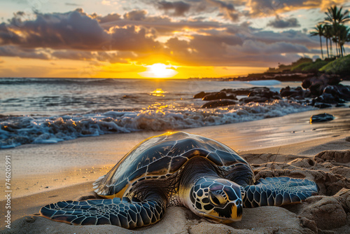 Eatherback sea turtle (Dermochelys coriacea) on a sandy beach on an island laying her eggs. AI Generative