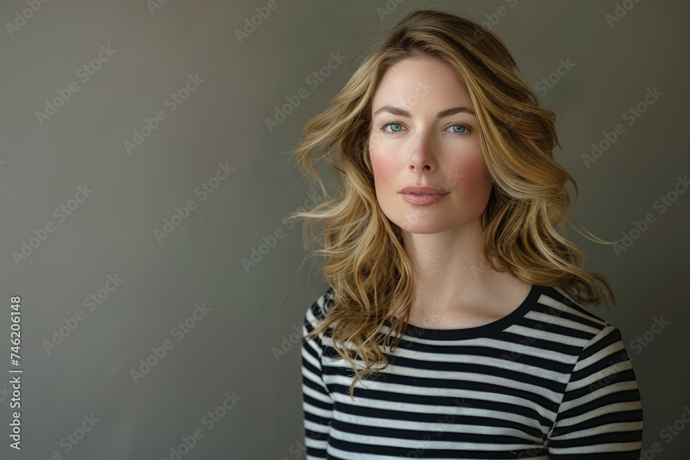 A medium shot in a studio setting of a woman in a French Breton dress