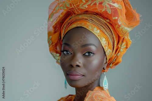 A woman in an elaborate Nigerian gele and traditional attire poses in a studio, with a light grey background and a soft box light creating depth. photo