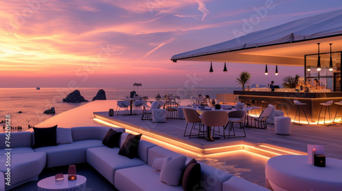 Background A trendy beach club with a rooftop bar and breathtaking views of the ocean. photo