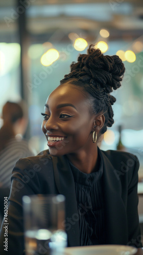 young black woman in business wear black suit in restaurant on her lunch break in restaurant at lunchtime, a glass in foreground, three-quarter portrait, smiling radiant happy beautiful pretty lights