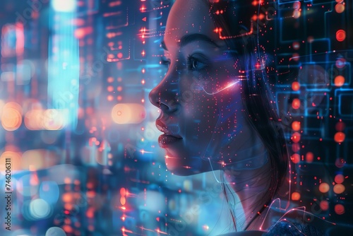 a visionary woman with a digitalized cityscape overlaying her profile, symbolizing a connection between the human mind and urban technological advancements.