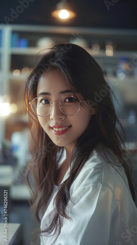 portrait of a young asian female scientist wearing a white coat working in her research laboratory smiling happy warm atmosphere and lights shelves in background woman engineer on her workplace