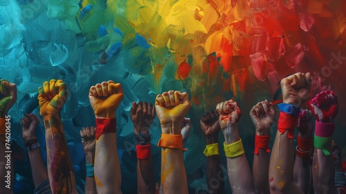 a range of hands raised in unity, each one painted with vibrant colors against a dynamic, abstract painted background, symbolizing diversity, strength, and solidarity. © Riz