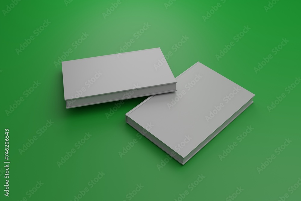 two empty white books standing lying on a green background with a thin shadow of lamp light, 3d rendering for mocup design two empty white books standing lying on a green background with a thin shadow of lamp light, 3d rendering for mocup design