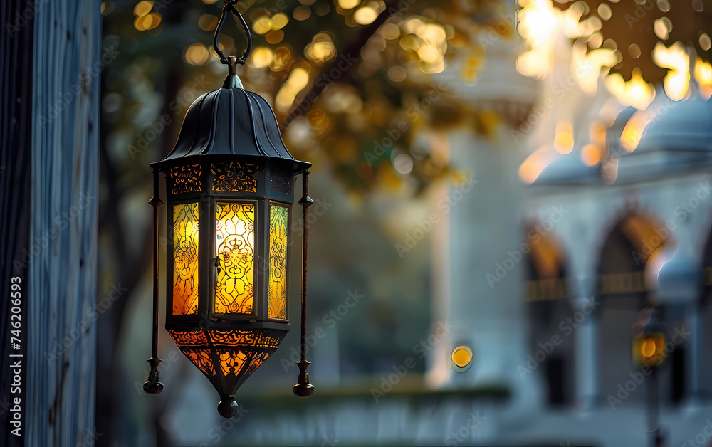 a lantern is hanging near blue mosque