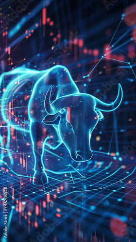 Abstract neon bull with stock market data visualization © RicardoLuiz