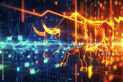 Digital illustration of a bull on a dynamic stock market background © RicardoLuiz