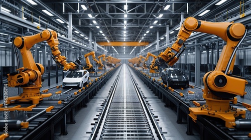 Car Factory 3D Concept: Automated Robot Arm Assembly Line Manufacturing High-Tech Green Energy Electric Vehicles. Construction, Building, Welding Industrial Production Conveyor. copy space.