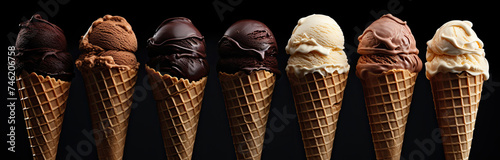 Row of delicious chocolate, cream, coffee, caramel, vanilla, hazelnut and truffle flavored ice cream scoops in waffle or sugar cones on black background. Summertime cold sweet dessert banner.