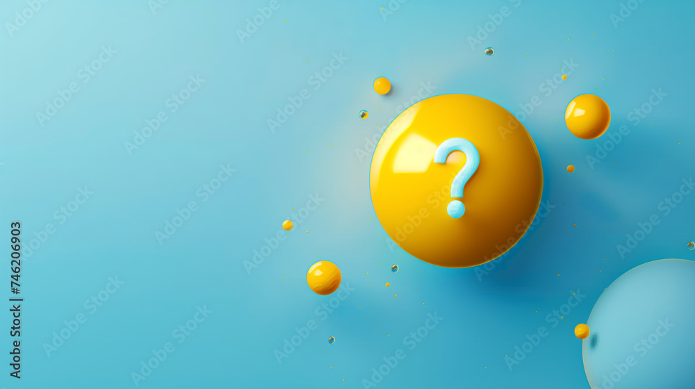 Yellow Question Mark Icon on Blue Background with Floating Spheres