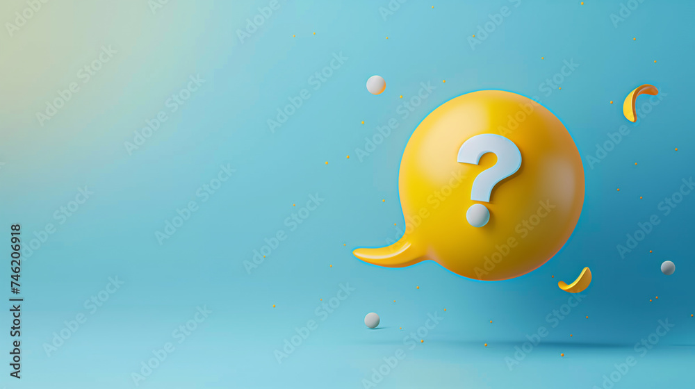 Yellow Question Mark Icon on Blue Background with Floating Spheres