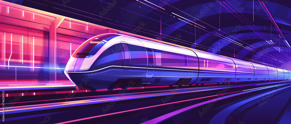 Concept of modern fast train in a vibrant light tunnel Concept of modern fast train in a vibrant light tunnel
