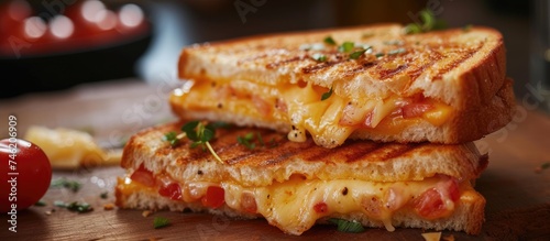 A deliciously homemade grilled cheese sandwich  perfectly cooked and ready to be devoured  sits on a cutting board.