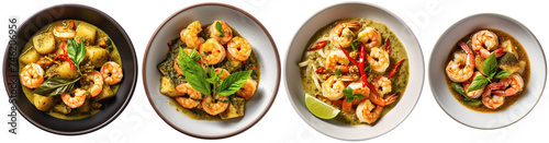 scampi in green curry sauce on a plate, top view photo