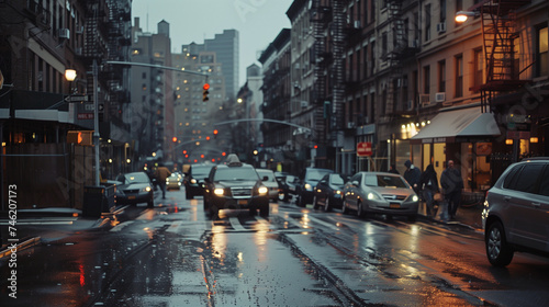 Rainy Day in Bustling New York City Street with Yellow Cabs