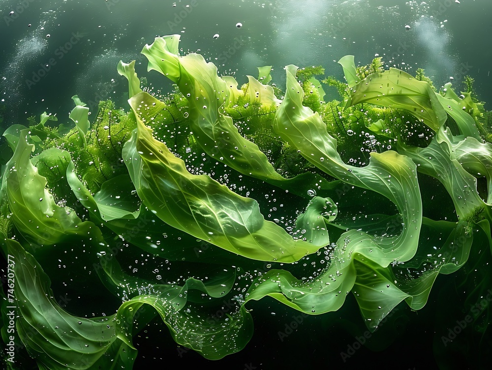 Generative AI : green seaweed ulva lactuca algae swing underwater with bubbles. Generative AI : green seaweed ulva lactuca algae swing underwater with bubbles.