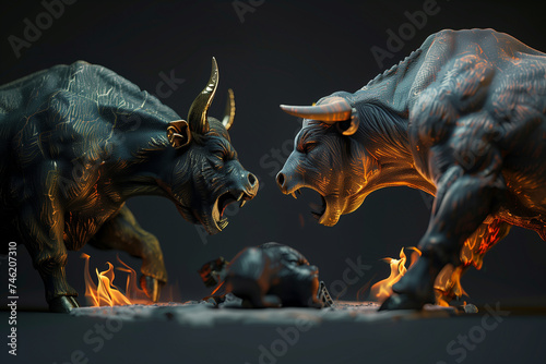 Bull and Bear Statues Facing Off in Dramatic Lighting photo