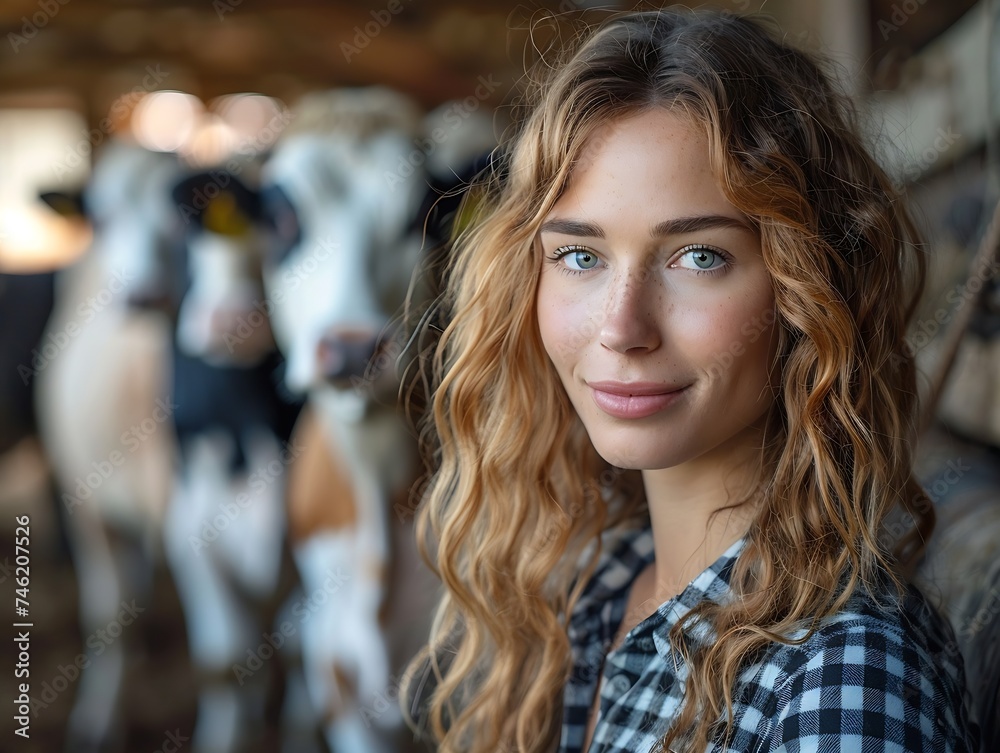 Generative AI : Mature head of large dairy farm with touchpad touching one of cows while consulting with veterinarian Generative AI : Mature head of large dairy farm with touchpad touching one of cows while consulting with veterinarian