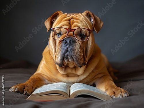 Generative AI : purebred english Bulldog in glasses and book © The Little Hut