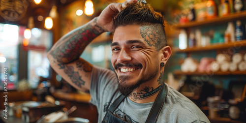 latin american hairdresser smiling at the camera while touching his hair on his head