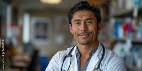 close-up of a young Latin American doctor, photographed in his office. photo
