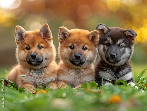 Generative AI : Four Akita Inu puppy dogs on green grass