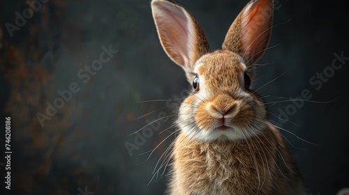 A brown rabbit happily holds an Easter message in its mouth, ready to celebrate the holiday. © Sasha Cine