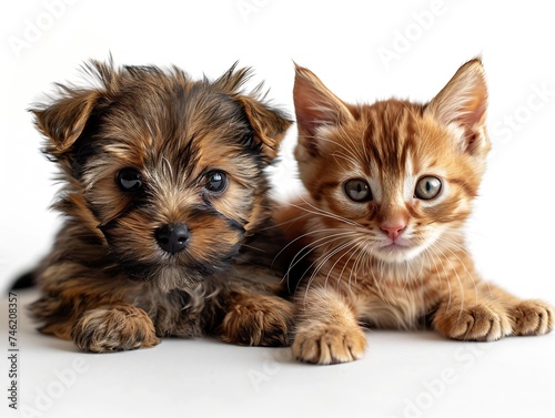 Generative AI : Little cute puppy of yorkshire terrier and red mixed-breed kitten isolated on white. 