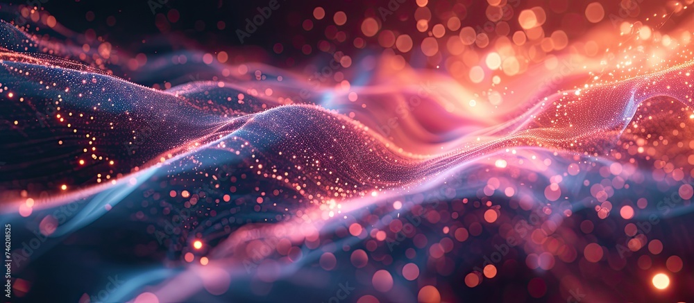 This computer generated image showcases a science fiction background with curved lines creating a wave-like formation of sparkling particles. - obrazy, fototapety, plakaty 