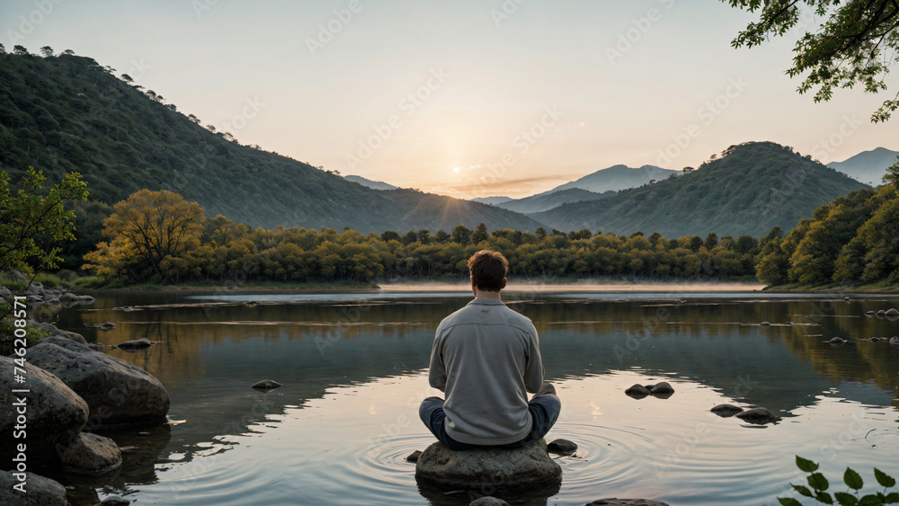 Man meditating on the shore of a quiet lake, the sun is about to rise