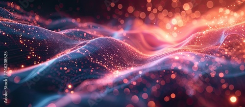 This computer generated image showcases a science fiction background with curved lines creating a wave-like formation of sparkling particles.