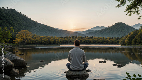Man meditating on the shore of a quiet lake  the sun is about to rise