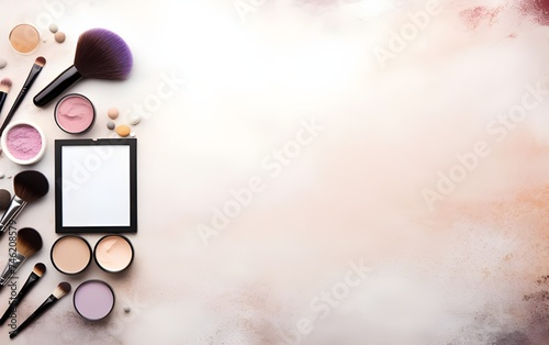 Beauty and cosmetics background with powder puff and make up brushes with copy space for text