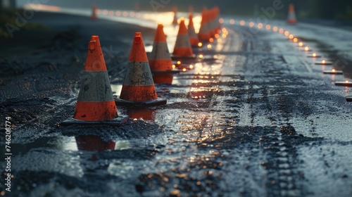 Construction cones marking part of road.