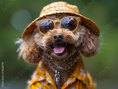 Wallpaper Mural Generative AI : Smiling brown toy Poodle dog wears hat with sunglasses on top and Hawaii dress for summer season. Torontodigital.ca
