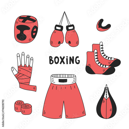 Boxing equipment doodle set. Sports clothing collection in hand drawn style. Isolated vector illustration of accessories gloves shoes helmet bandages mouth guard