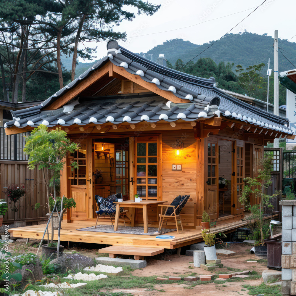 Tiny one floor timber frame house with single front doors and terrace with korean theme design Tiny one floor timber frame house with single front doors and terrace with korean theme design