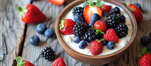 A bowl filled with fresh mixed berries  including strawberries  blackberries  and blueberries  served with yogurt on a wooden table.