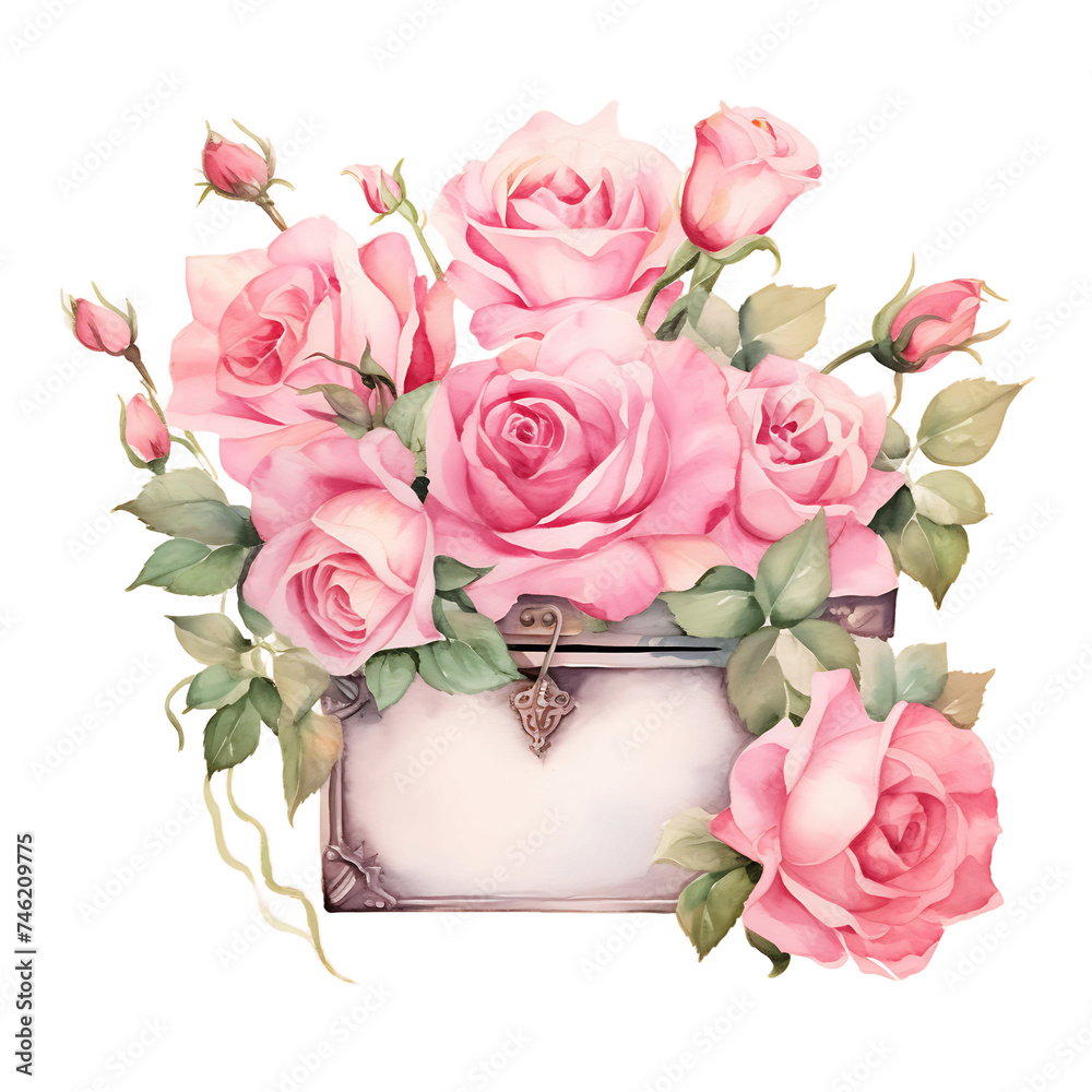 Ethereal Watercolor FrameIsolated Pink Roses and Greenery