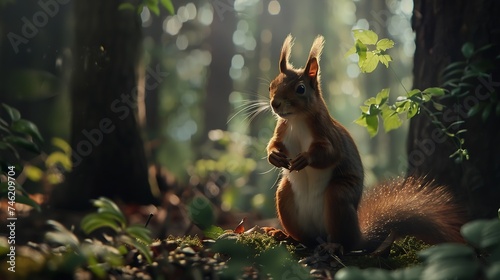 Generative AI : Funny red squirrell standing in the forest