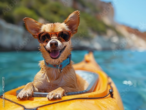 Generative AI : Cute Chihuahua dog wearing sunglasses on a Kayak at the ocean shore .HDR+Vintage style © The Little Hut