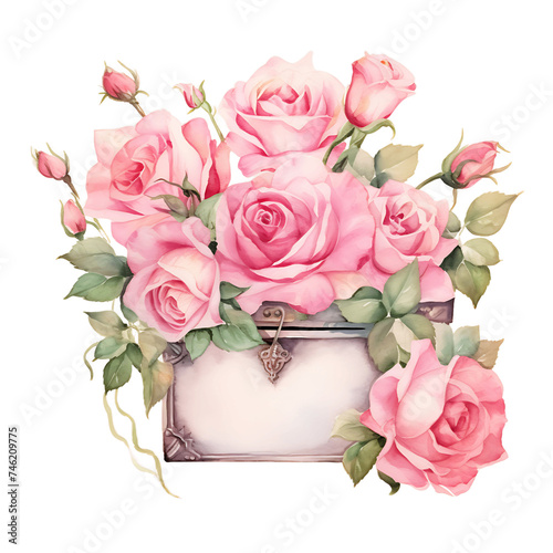 Ethereal Watercolor FrameIsolated Pink Roses and Greenery photo