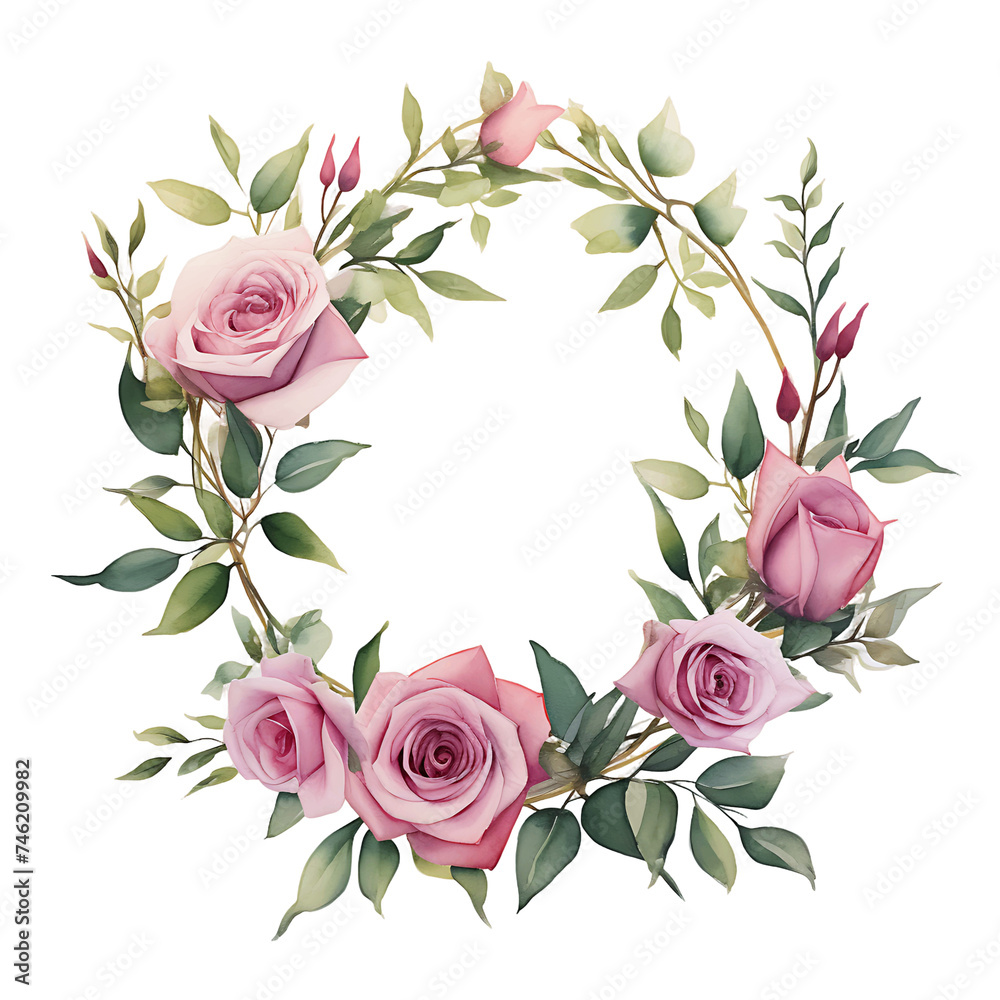 Soft Watercolor BrushstrokesPink Roses and Greenery Border