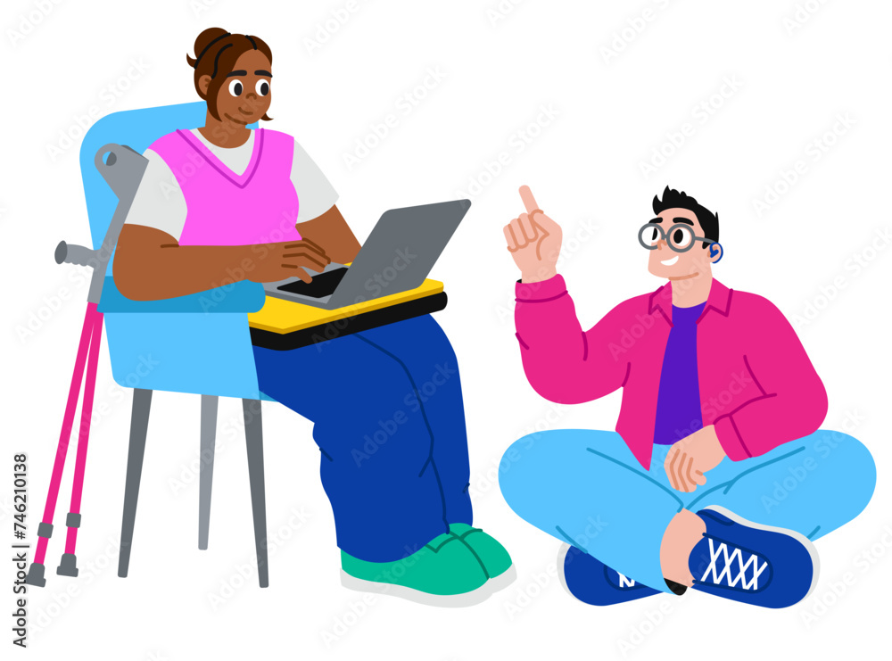 Girl with crutches and boy with a hearing aid studying Girl with crutches and boy with a hearing aid studying