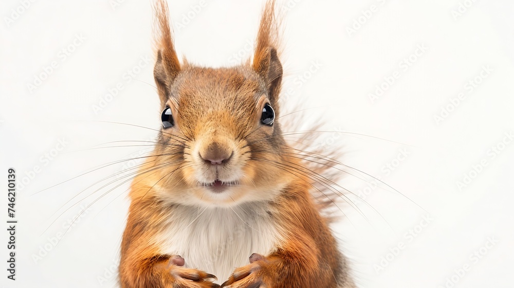 Obraz premium Generative AI : Portrait of eurasian red squirrel in front of a white background