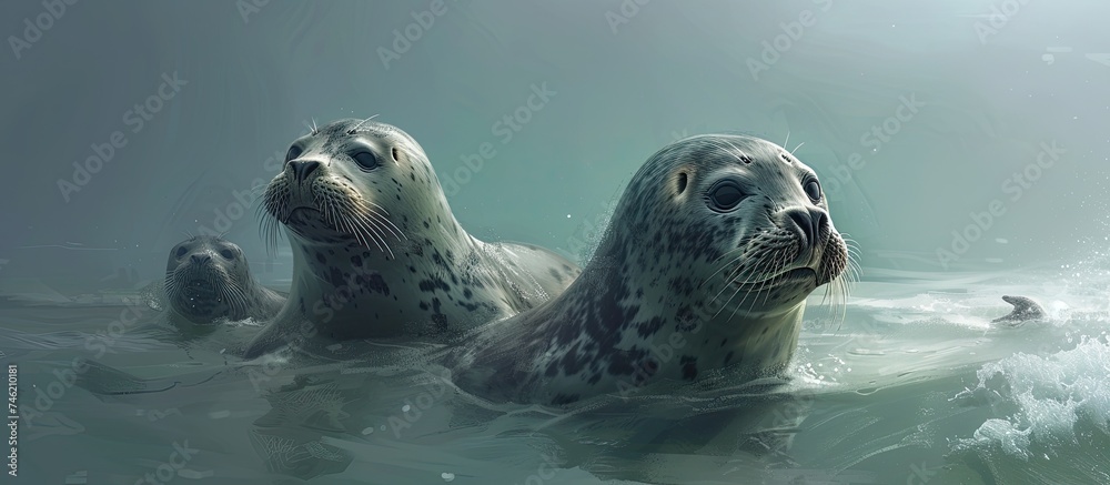 Obraz premium A couple of seals, part of the seal sanctuary in Hel, Polands sea, gracefully glide through the water, their sleek bodies diving and surfacing as they explore their marine environment.